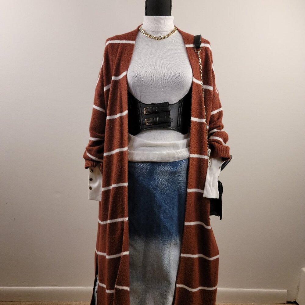 Debut Red & White Striped Open Front Long Sleeve Knit Cardigan M